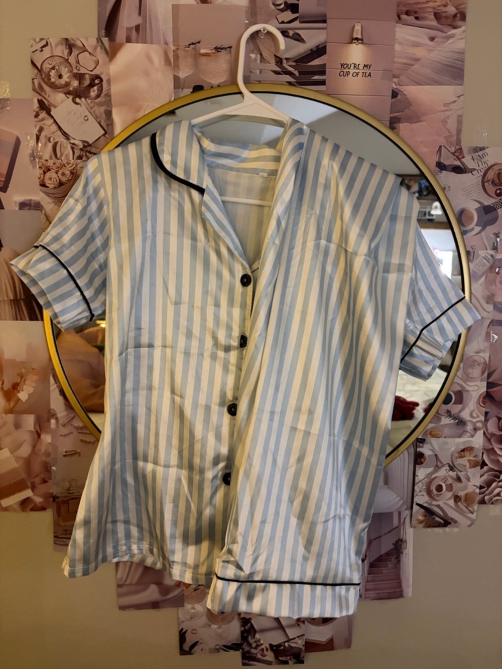 Light Blue & White Striped Button-Up Pajama Top and pants